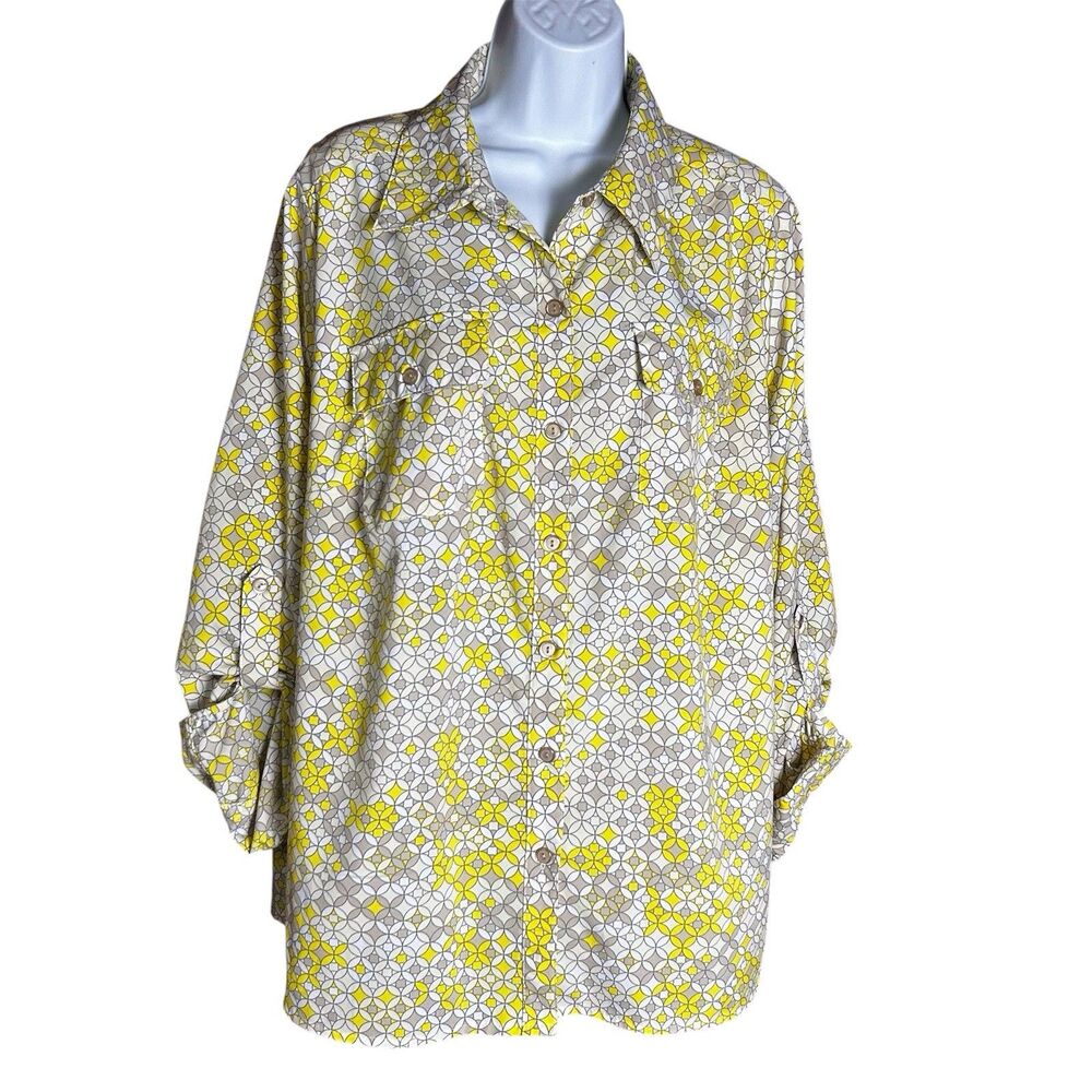 Elementz Women's Size 2X Yellow-White Button Front Roll Tab‎ Sleeve Blouse
